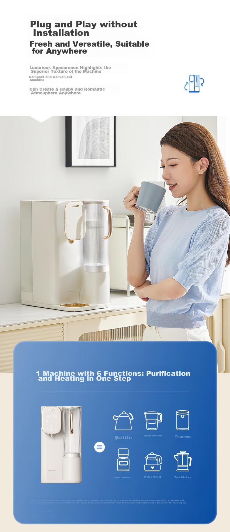 PHILIPS Water Purifier, Desktop No-Installation Instant Hot Drinking Water Machine, Integrated Heating And Drinking Water Purifier, RO Reverse Osmosis Strontium-Rich Mineral Water ADD8638/93 9