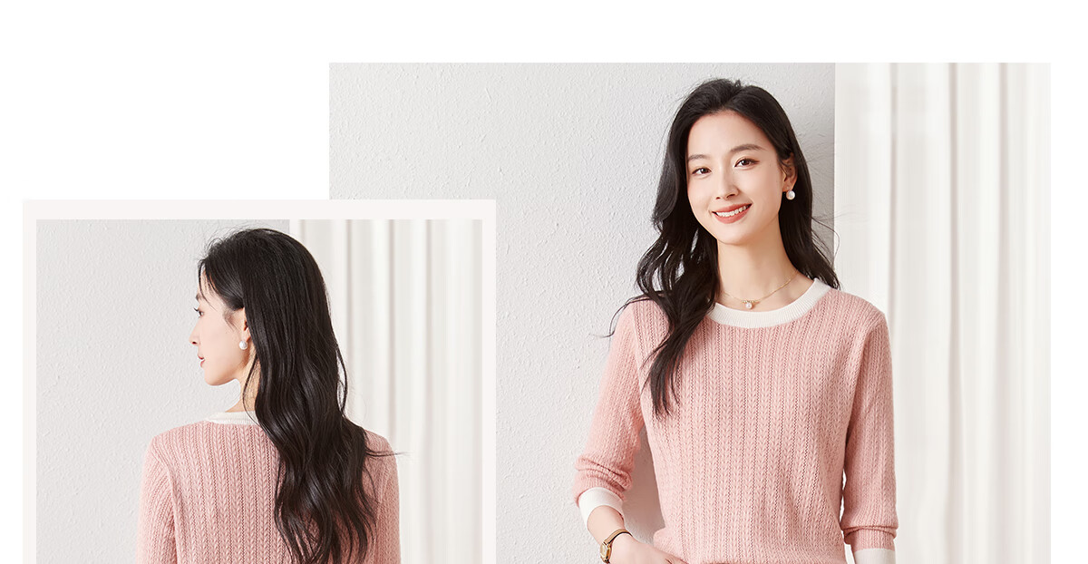 Chushen Spring And Autumn Knitted Sweater for Women, Fashionable Color-Block Round Neck Pullover Versatile Sweater Top S13KZ3554 White 10