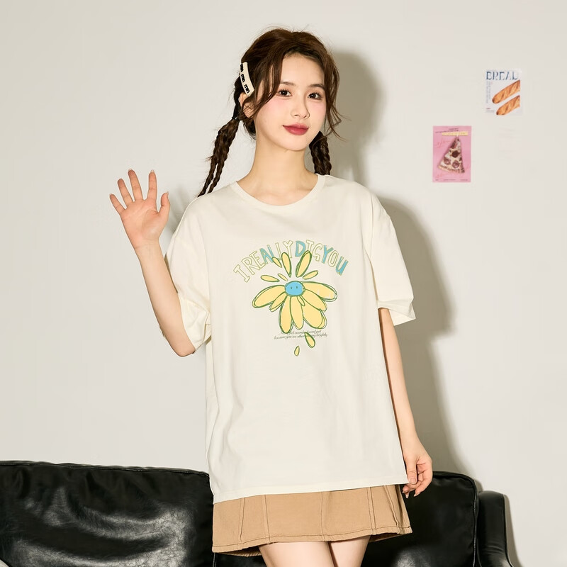 TonLion 2025 Women's Round Neck Short-Sleeve T-Shirt, Off-White, Size L