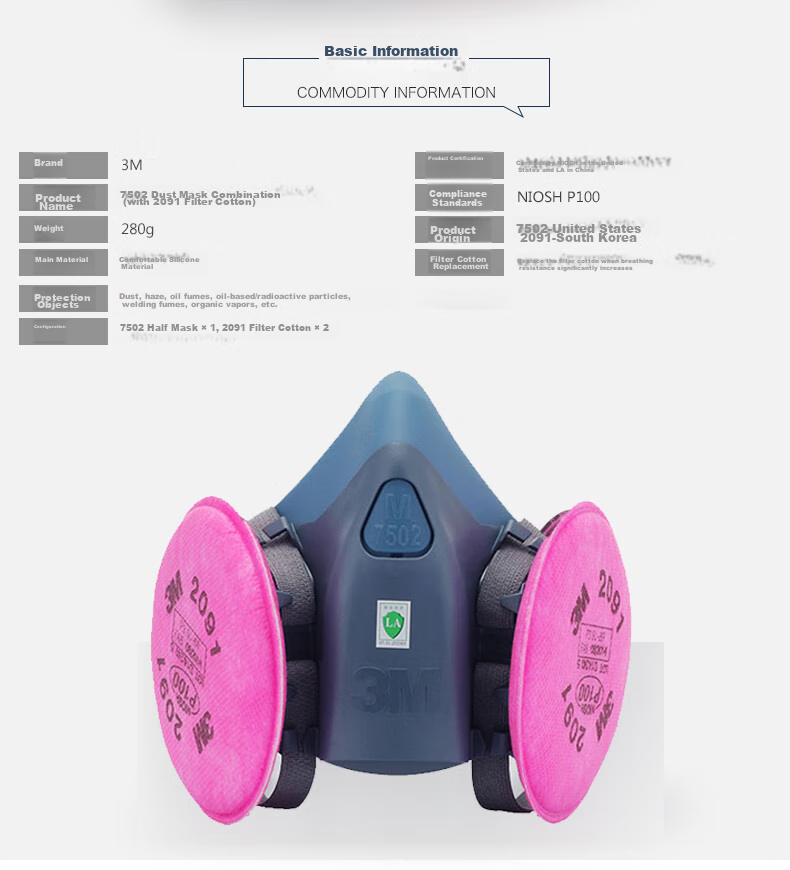 3M Dust Mask 7502 + 2097, Welding Smoke-Proof Activated Carbon Face Mask, Industrial Dust Filter Cotton, Firefighting Mask 5