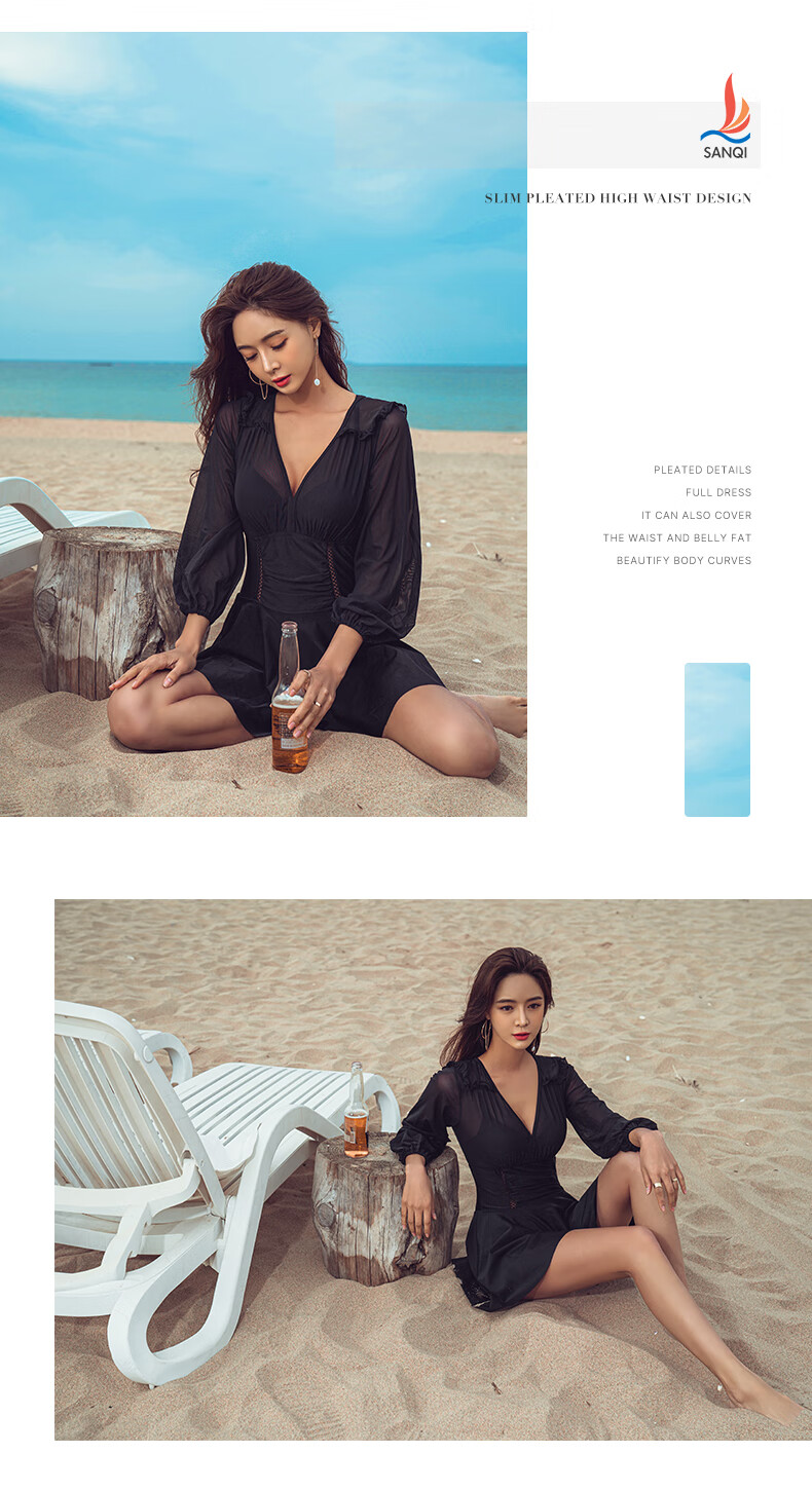 Sanqi Women's Swimsuit, Slimming, Tummy-Covering, Conservative One-Piece Dress, Fairy Style, Long Sleeves, Sexy, Hot Spring And Beach Swimming Costume, Black XXL 9