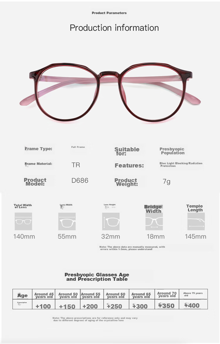 Nianqingtai Women's Fashionable Full-Frame TR90 Comfortable High-Definition Ultra-Light Imported Reading Glasses D686 + 4.00 Diopters for Presbyopia 3