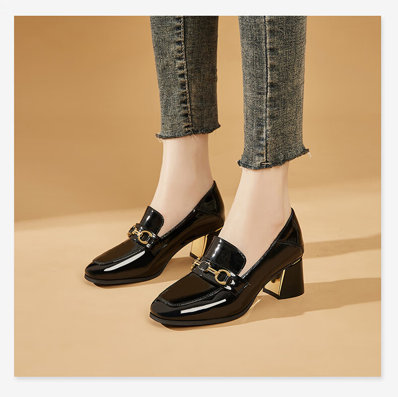 DAPHNE Women's Formal Leather Shoes, British Style Chunky Heel High Heels for Work, Business Commute Loafers, Black Size 34 10