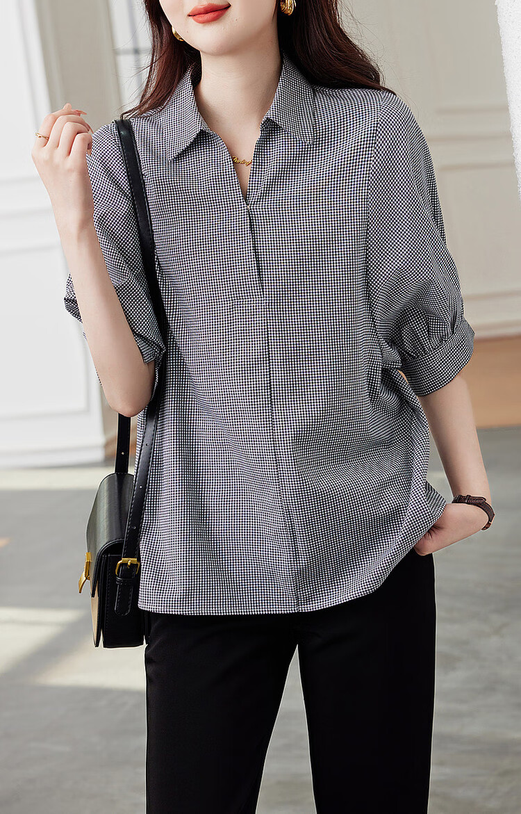 Dme [Furei Lian Ge] Summer V-Neck Shirt with Collar, Vintage Plaid Comfortable Slimming Blouse Women's Top 10