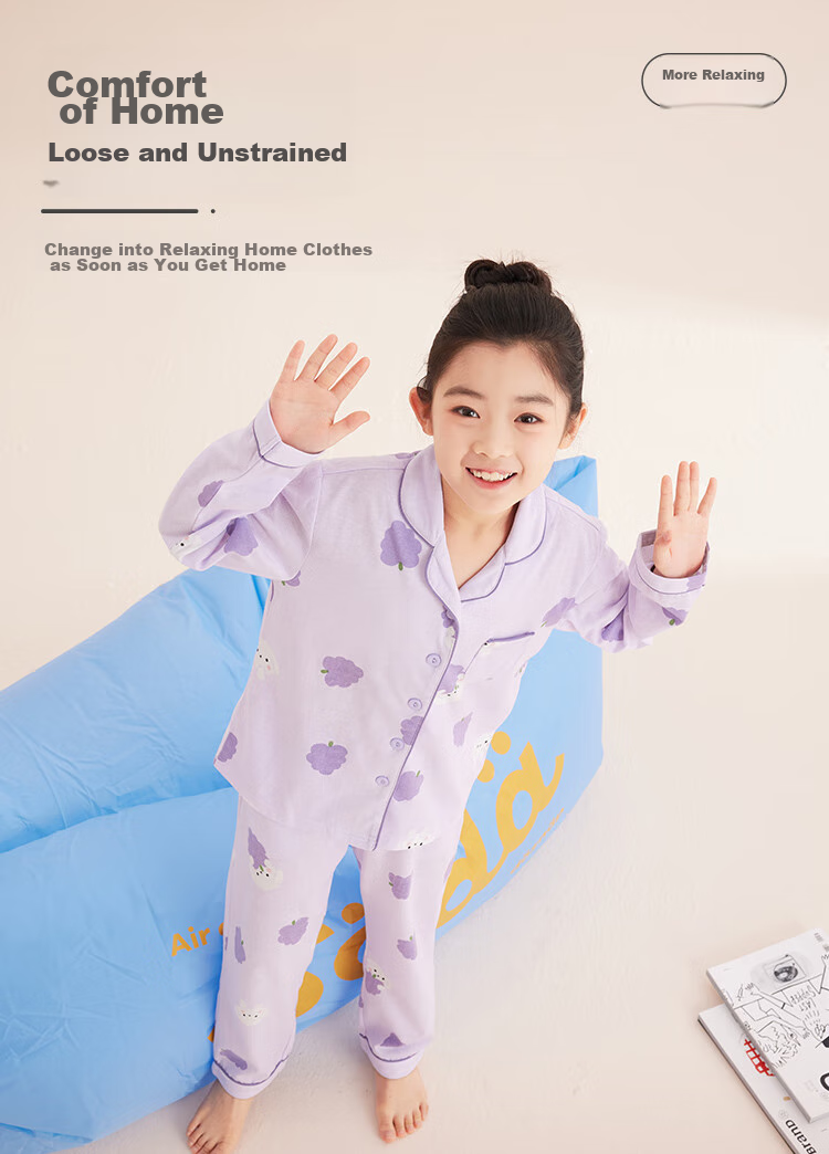 Hodo Children's Pajamas, Girls' Spring And Autumn All-Season Pure Cotton Loungewear, Long-Sleeve Top And Long Pants Set, Turn-Down Collar, M3512, Light Purple, Size 130 7
