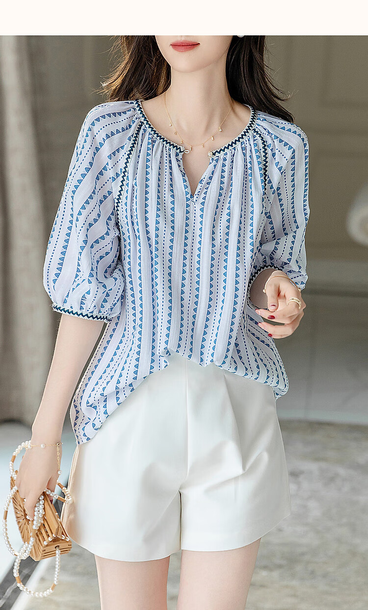 Dme [Gentle Treasure OOTD] Summer French Comfortable Cotton Blend Shirt with Puff Sleeves, Slimming Blouse Women's Top 15
