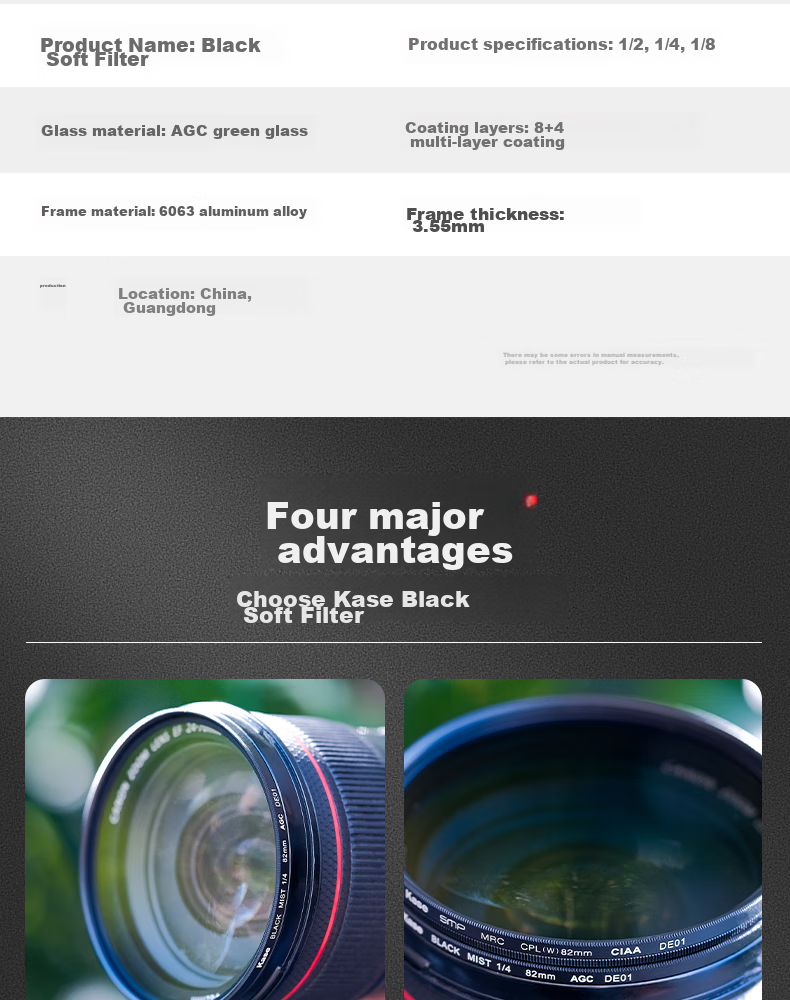 Kase Black Soft Filter Half 46mm Beauty Filter, Soft Focus Lens, Diffusion Lens, Camera Black Soft Filter, Portrait Light Softening Matte Creative 1/2 3