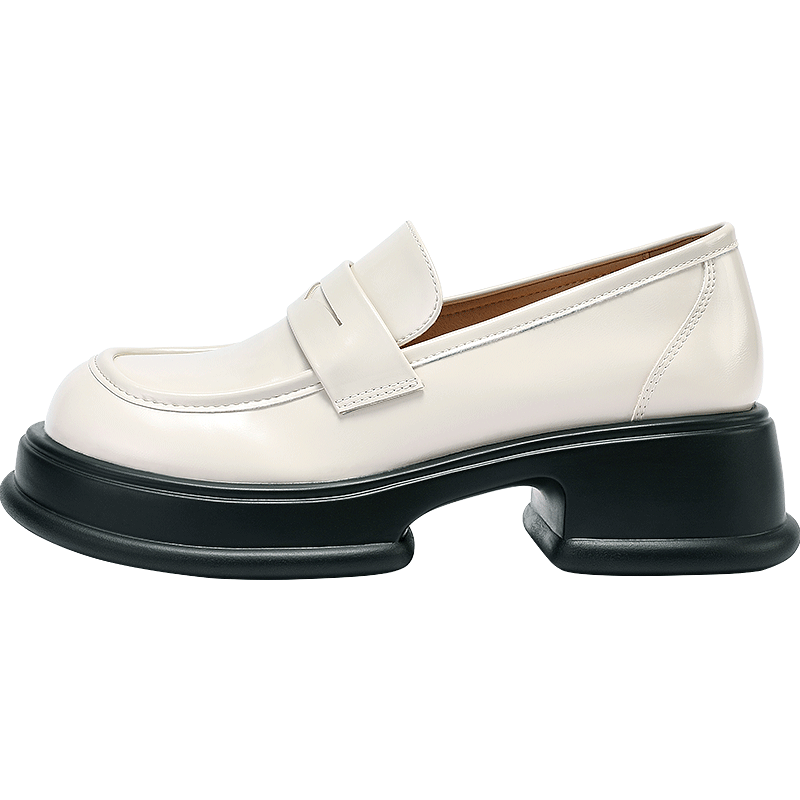DAPHNE Thick-Soled Loafers for Women, British Style, Black Simple Leather Shoes, Women's Flats, Beige, Size 38