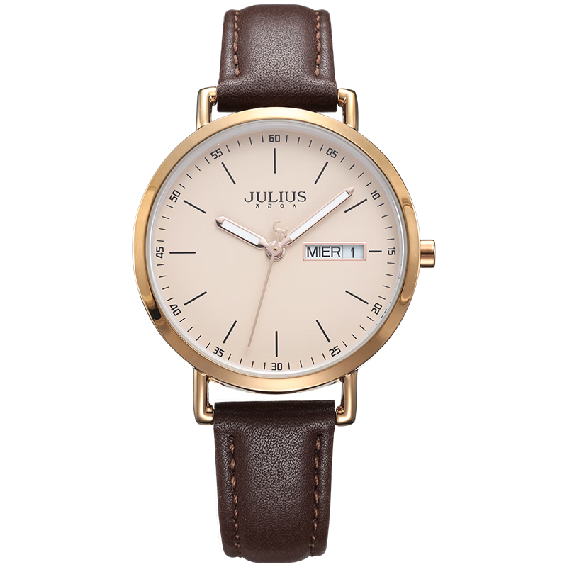 Julius Watch for Women, Korean Style Fashion Student Casual Large Dial Calendar Week Quartz Ladies Watch Brown JA-1381C