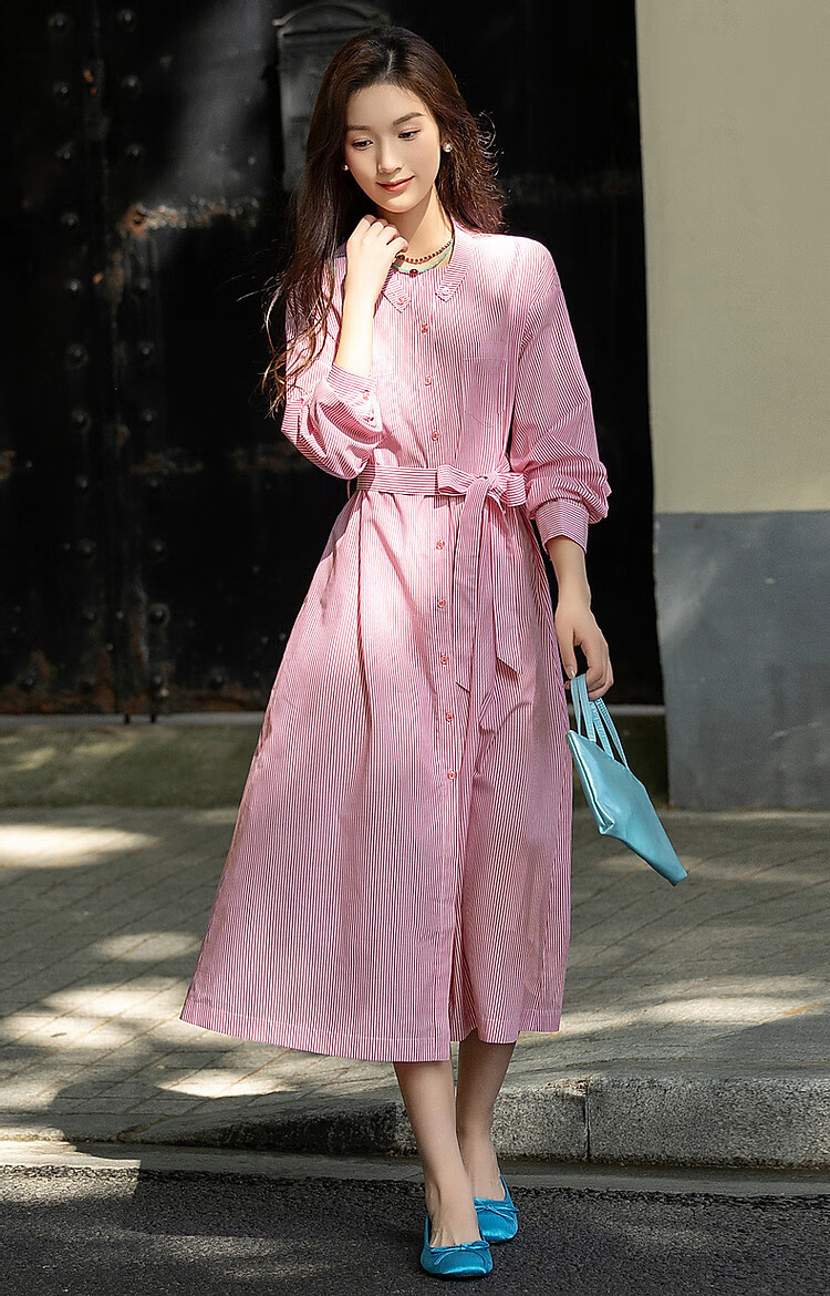 Dme Simple Style Stand Collar Comfortable Cotton Straight Loose-Fitting Dress Shirt-Style Dress for Women, Pink, S 10
