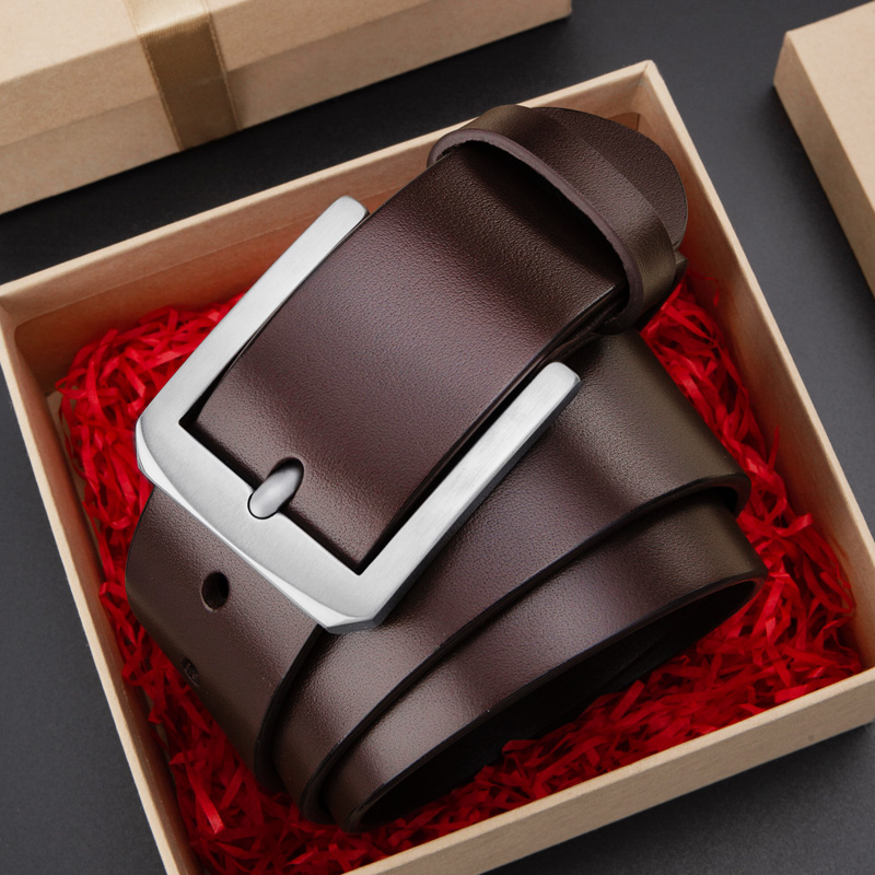 Cattlesboss Titanium Buckle Belt for Men, Luxury Top-Grain Leather Belt, Birthday Gift Box for Men, 3187, Deep Brown, 110cm