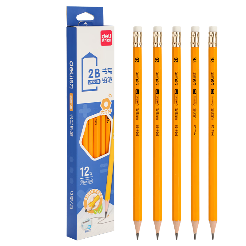 Deli 12 Pcs 2B Pencils, Exam Drawing Writing Pencils, Student Handwriting Practice Pencils with Eraser Tip, S956-2B School Supplies for Students