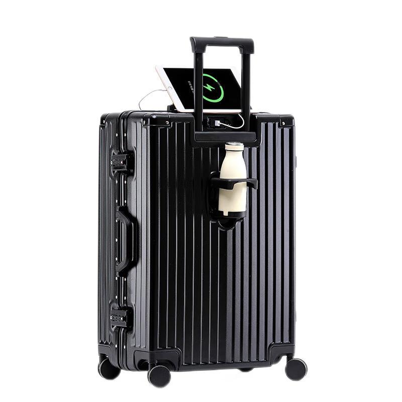 DULA Aluminum Frame Suitcase with Cup Holder, Small Travel Password Lock, Rechargeable Carry-On Luggage, Glossy Black, 20 Inches