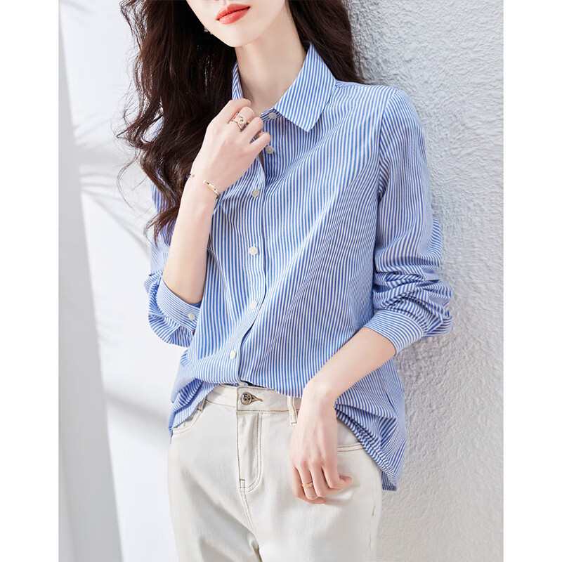 Dme [Career] Spring And Autumn Breathable Simple Lapel Shirt, Long Sleeve Fitted Blouse, Women's Top, Striped, XL