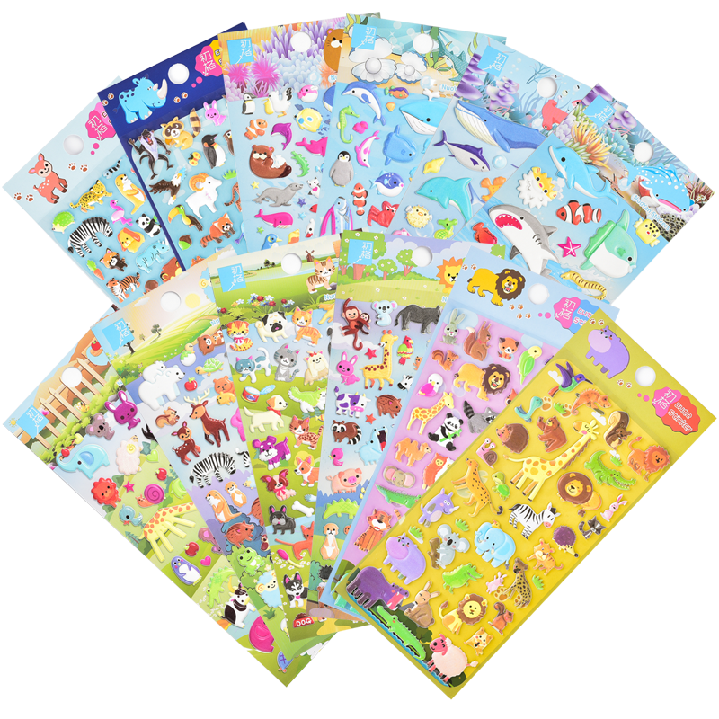Chuge Children's Stickers, Toy for Boys And Girls, Anime Cartoon 3D Bubble Stickers, Small Animals, Ocean Fish, Puzzle Beans