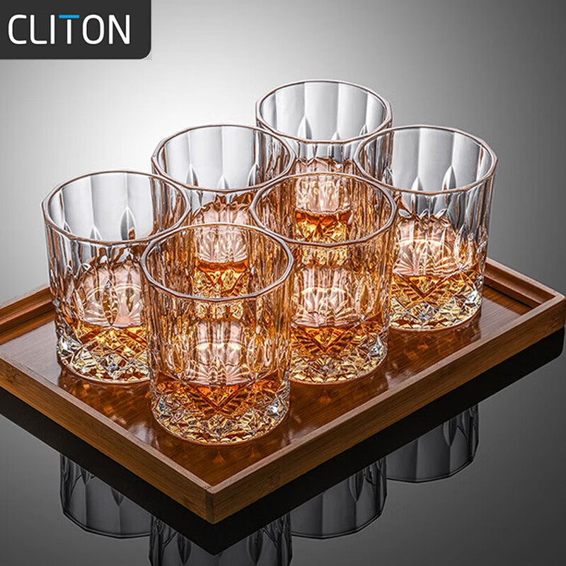 CLITON Glass Whiskey Glasses, Thick Carved European-Style Liquor Cups, Wine Glasses, Home Use Water Glasses, Glass Cup Set, 6 Pieces