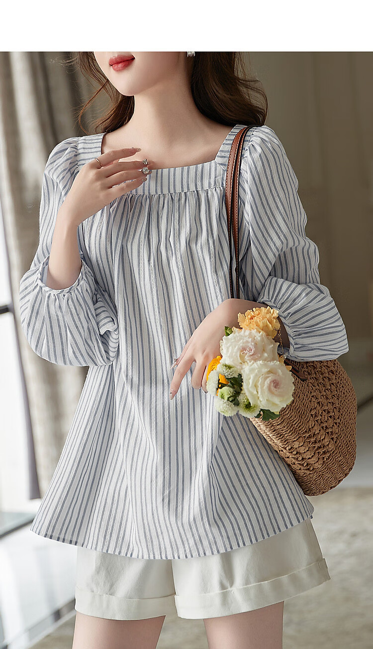Dme Lantern Sleeve Striped Blouse Women's Top, Navy Blue, S 11