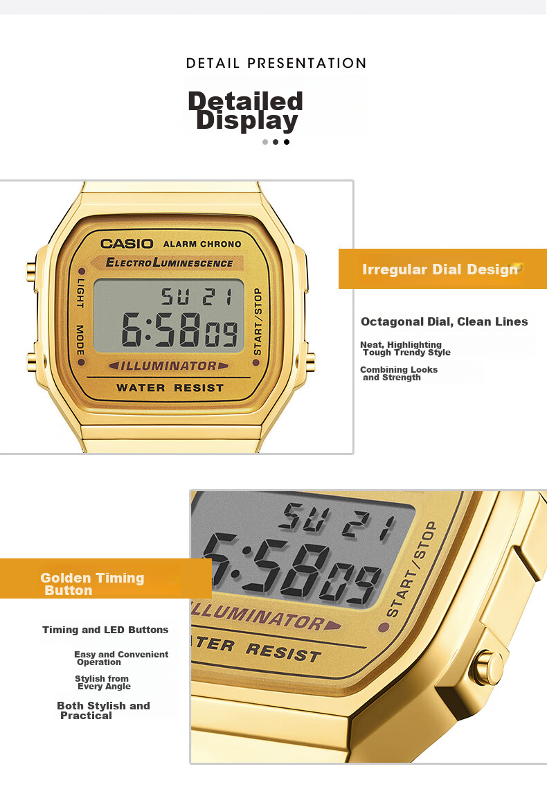 CASIO Men's Watch, Small Gold Watch, Small Square Couple Sports Student Electronic Watch for Men And Women, Gift A159W-N1D 16
