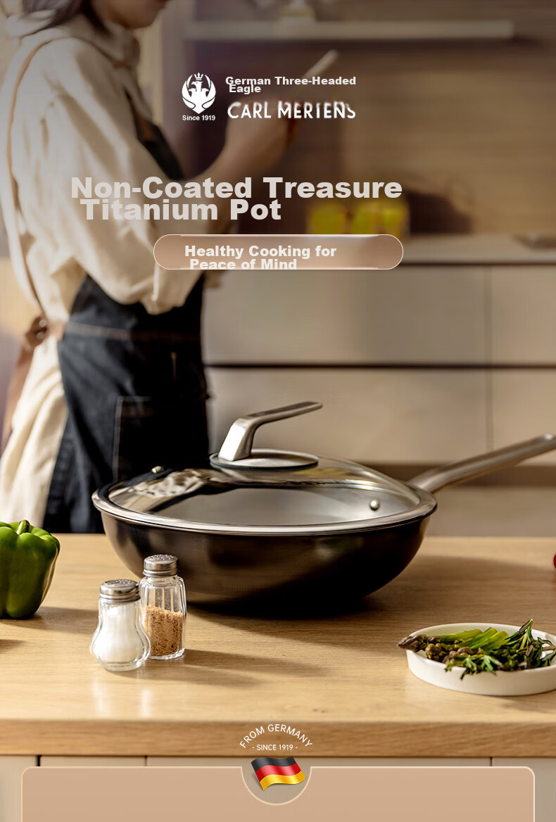 CARL MERTENS Titanium Non-Coated Non-Stick Wok 32cm for Home Use, Low Smoke, Compatible with All Stoves MTiW32 2