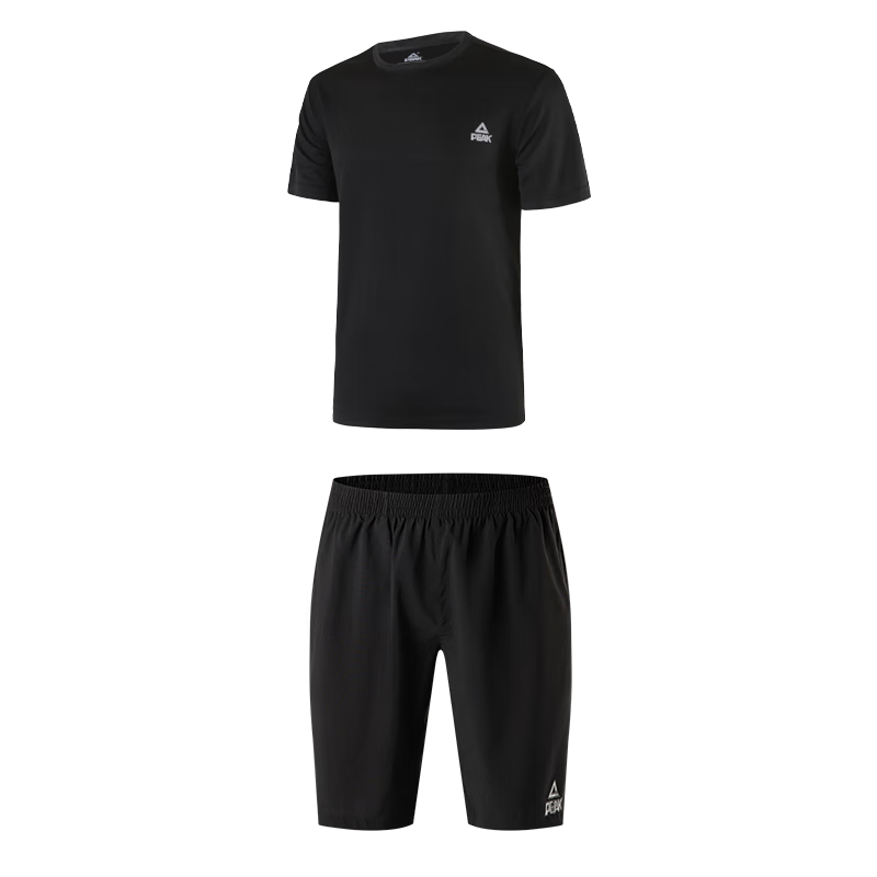PEAK Badminton Outfit for Men, Sports Set, Quick-Drying, Sweat-Wicking, Breathable, Elastic Fitness Training Two-Piece Set, Black YS81306 (Short Sleeve + Shorts), Black, 2XL