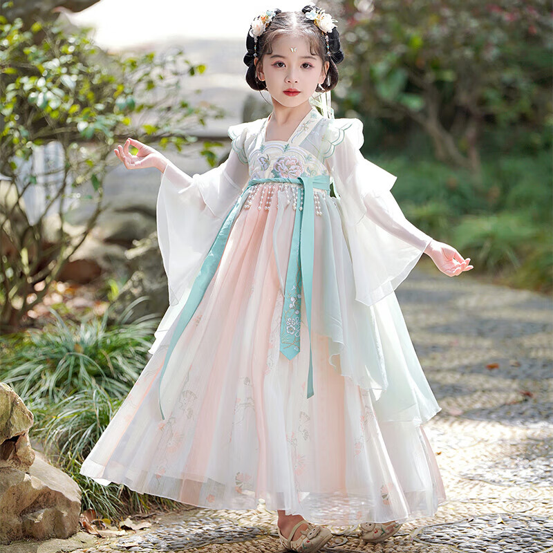Anneyol Children's Day Hanfu Girls' Chinese-Style Dress, Children's Ancient Style Ru Skirt, Costume Dress, Green, Size 110