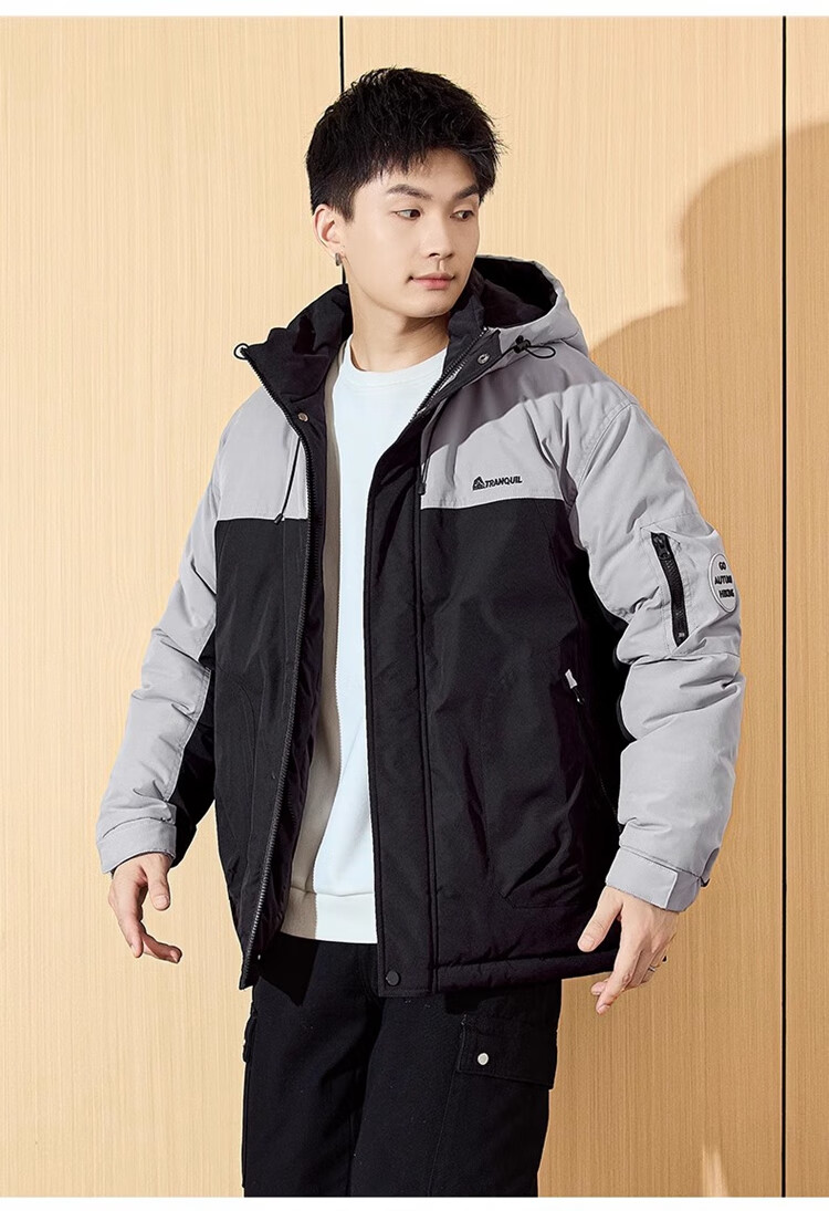TonLion 2024 Men's Workwear Letter Embroidery Patchwork Hooded Cotton Jacket, Gray Lake Green, L 15