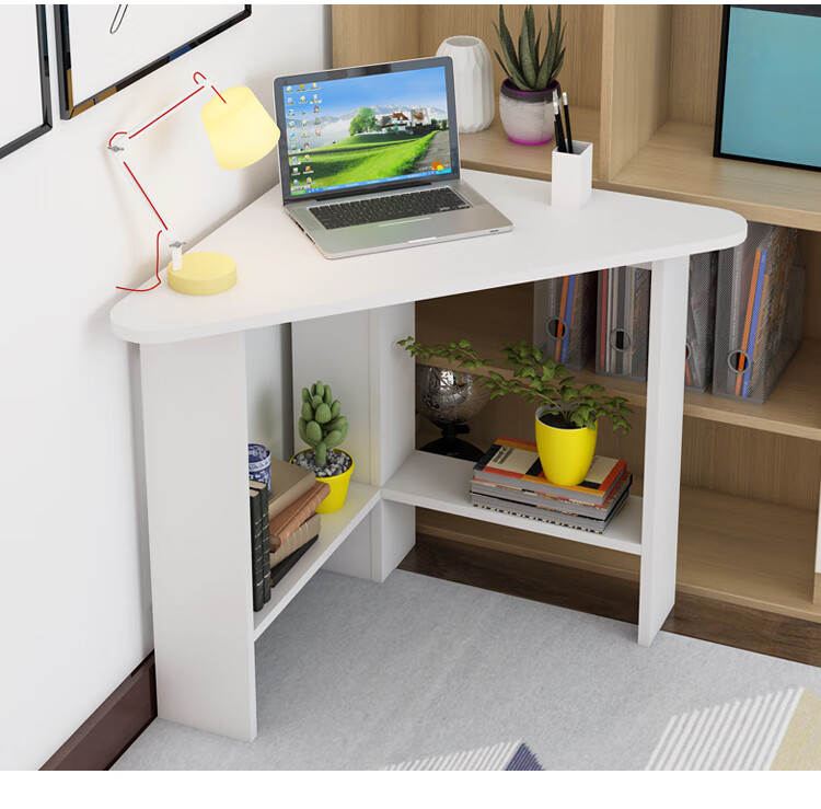 KULIN Computer Desk, Corner Desk with Storage Shelf, Triangular Desk for Small Spaces, Walnut Color 19