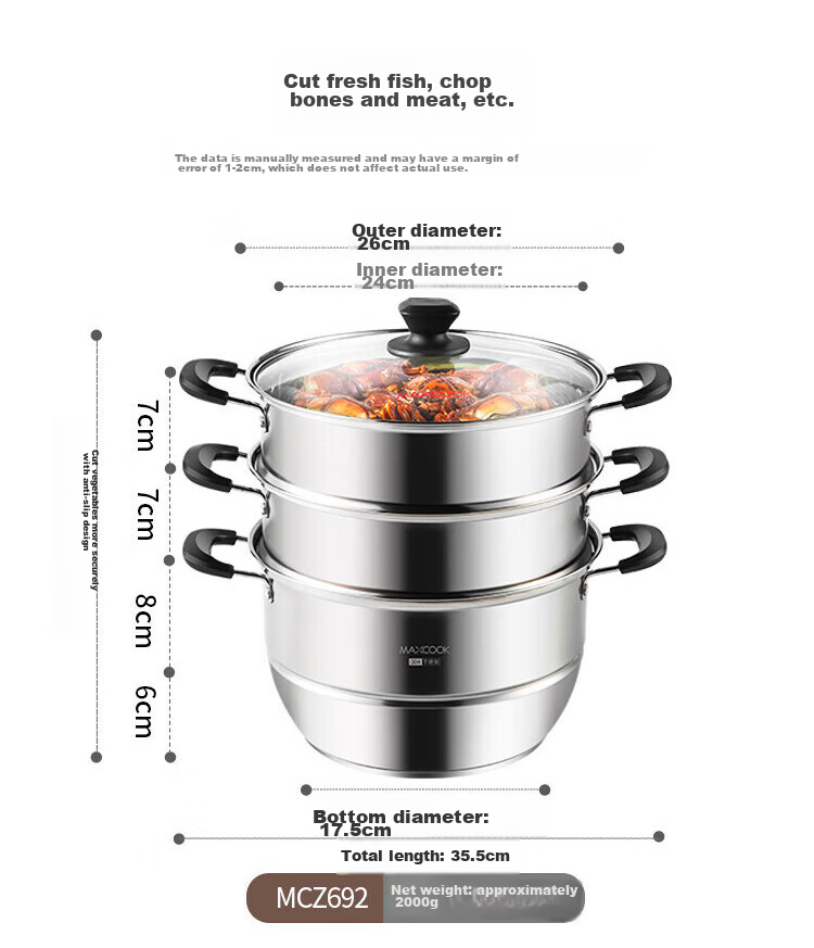 MAXCOOK 304 Stainless Steel Steamer Pot, 26CM Three-Layer Composite Bottom, Compatible with Gas Stove And Induction Cooker 13