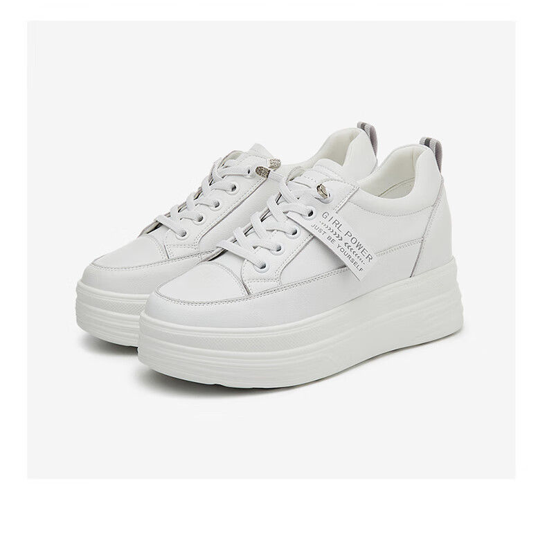 DAPHNE Women's White Leather Versatile Thick-Soled Casual Sneakers with Hidden Heel, Style 4623101013, Black, Size 34 19