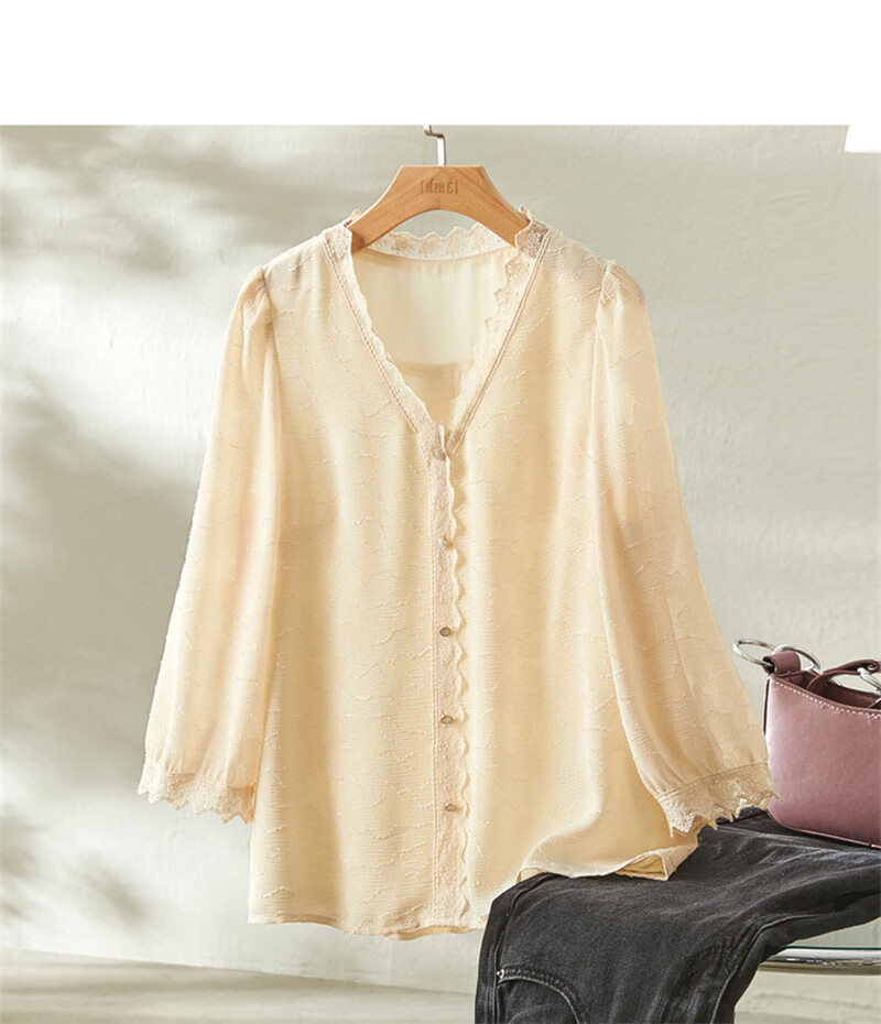 Dme [Long Time No See Series] Summer French Commuter V-Neck Jacquard Blouse, Three-Quarter Sleeve Lace Shirt, Women's Top 15