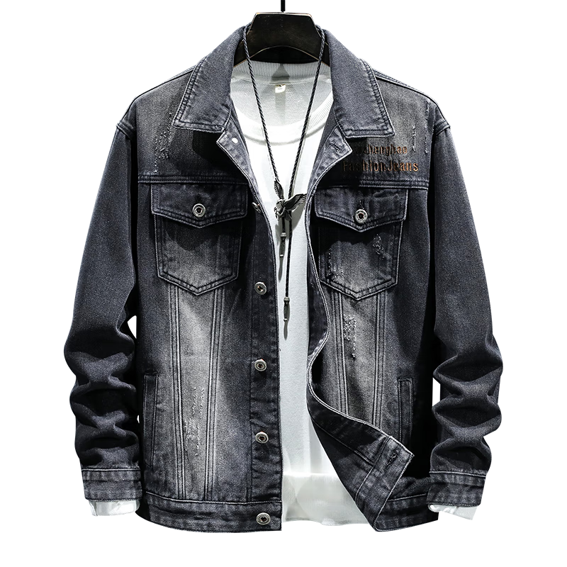 Jeanswest Men's Jacket, 2026 Autumn Season, Skin-Friendly Breathable Embroidered Fashion Versatile Men's Denim Jacket, Black And Gray, 3XL