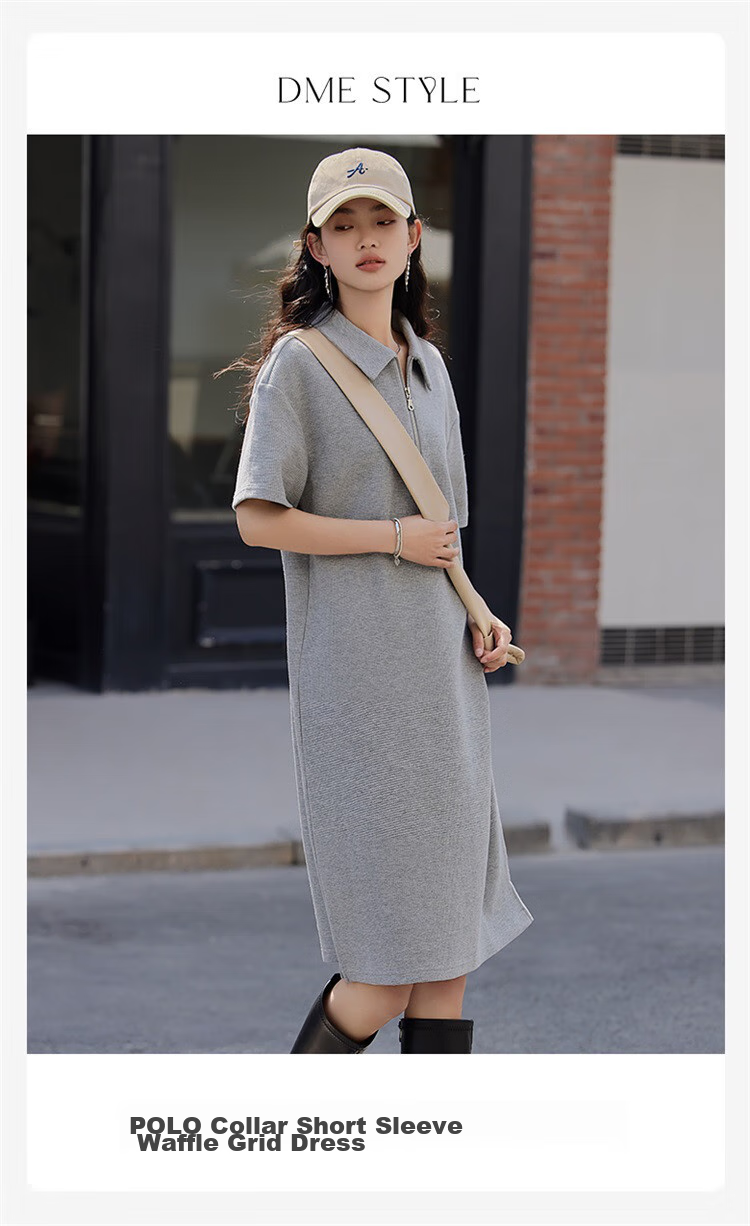 Dme [Waffle Skirt] Summer Polo Collar Zipper Short-Sleeve Waffle Dress 3
