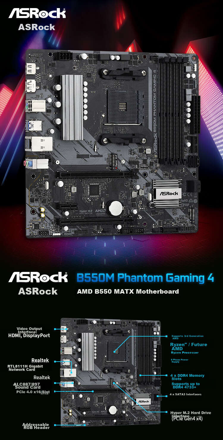 ASRock B550M Pro4 Craftsmanship Motherboard Supports CPU 5600/5600GT/5800X3D (AMD B550/Socket AM4) 3