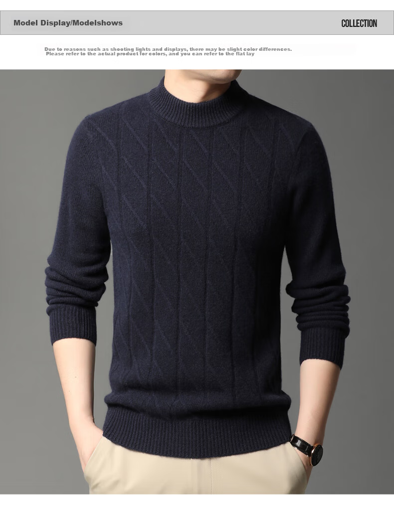 Hengyuanxiang Men's Cashmere Sweater, Autumn And Winter Thickened 100% Pure Cashmere, Business Casual Base Layer Knit Sweater, Winter Warm Clothing 22