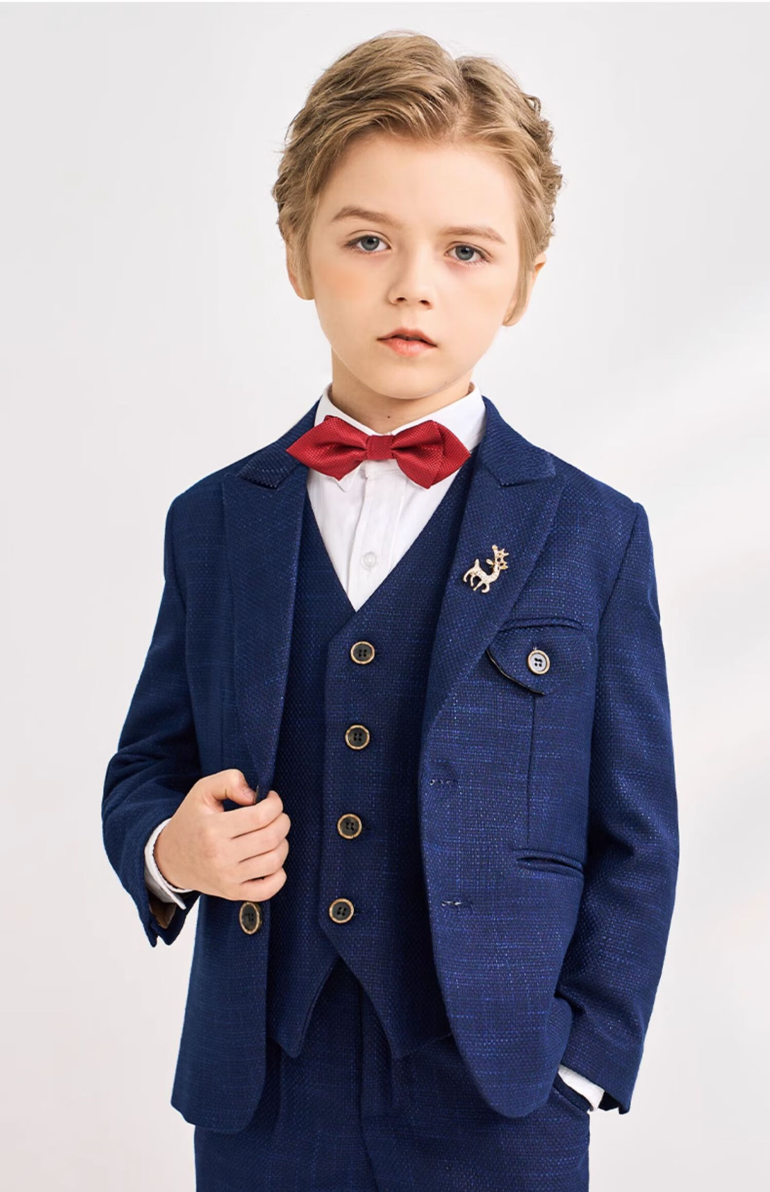 Romon Children's Suit Formal Wear Stylish British Flower Boy Set Boys Navy Blue Honeycomb Fleece Five-Piece Set Size 110 5