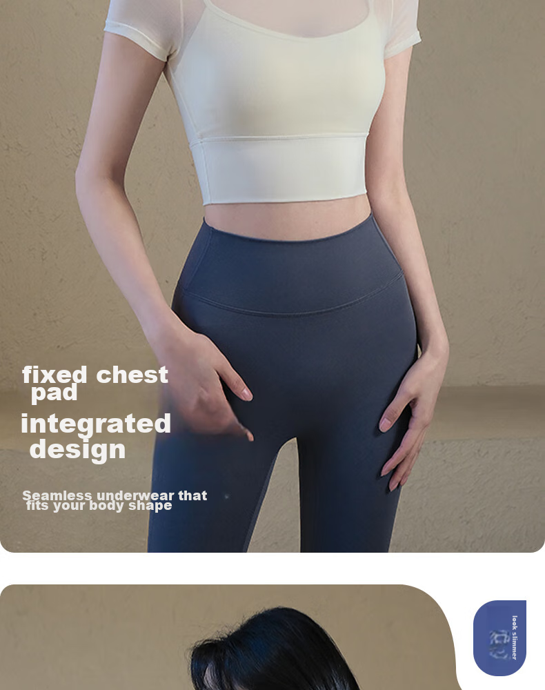 XUEXIMAN Women's Yoga Outfit with Chest Pads, Summer Pilates Training Fitness Top, High-End Sports Running Short-Sleeve T-Shirt 8