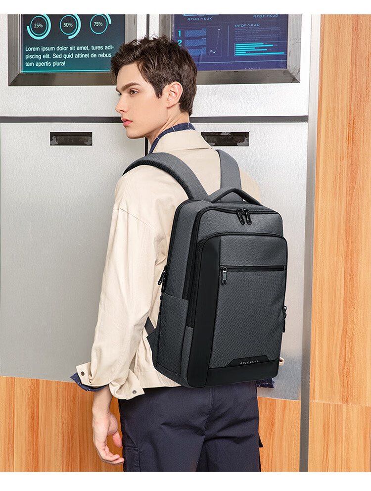 GOLF Backpack for Men, Large Capacity 15.6-Inch Laptop Backpack, USB Interface with Multiple Compartments, Business Casual Travel Bag for Students, Dark Gray with Black 25