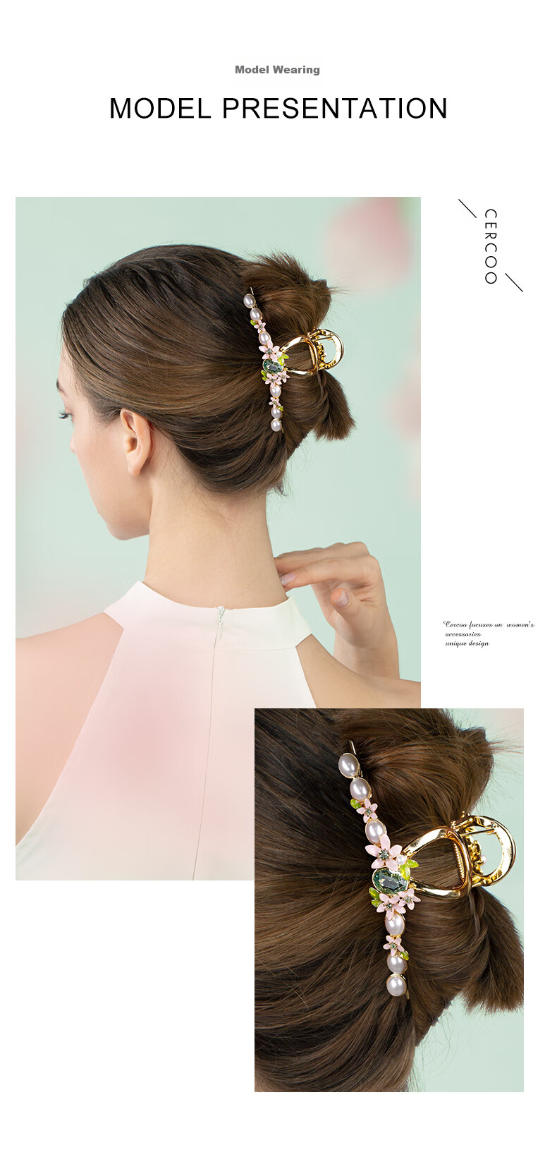 Cercoo Peach Blossom Romantic Large Hair Claw, Luxurious Shark Clip, Fresh Pearl Hair Claw, Back of Head Hair Accessory 3