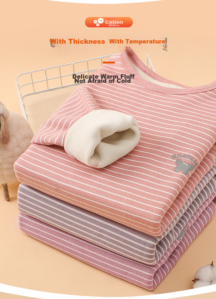 LangSha Children's Thermal Underwear Set, Girls' Autumn And Winter Yang Ion Fleece Pajamas, Home Wear, Girls' Autumn Top And Pants Set, Pink-Wide Stripes, 130 (Recommended Height 120-130cm) 9
