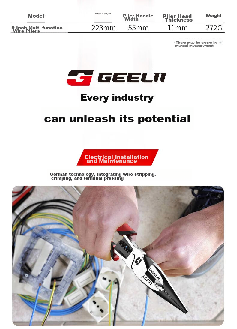 GeeLii 9-Inch Diagonal Cutting Pliers, Multi-Functional Pliers, Wire Stripping Pliers, Side-Cutting Pliers, Wire Cutting Pliers, Electrician's Scissors, Diagonal Pliers 65061 29