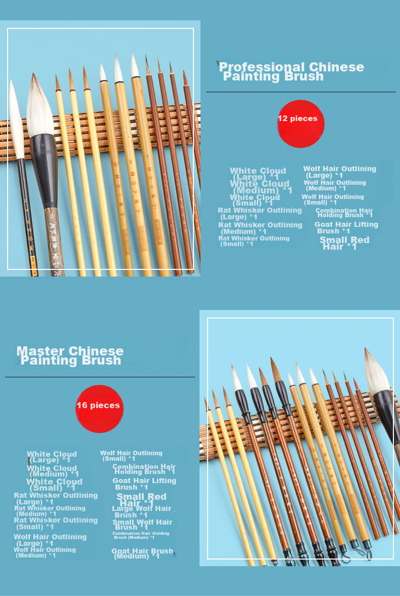 Liupintang Chinese Painting Brush Set, Mixed Hair And Goat Hair Outline Brush White Cloud Brush, Student Chinese Painting Fine Brush Calligraphy Pigment Painting Brush 9