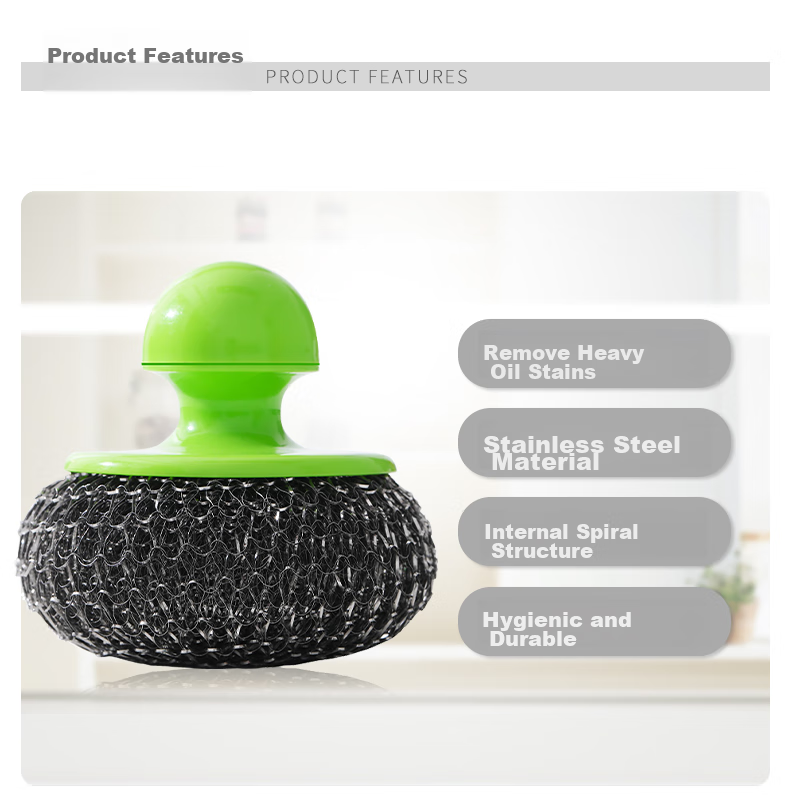 Fuaijia Long Handle Pot Scrubber, Steel Wool Cleaning Ball, Replaceable Steel Wire Ball, Pot Washing Brush Tool, 1 Handle with 6 Brush Heads 4