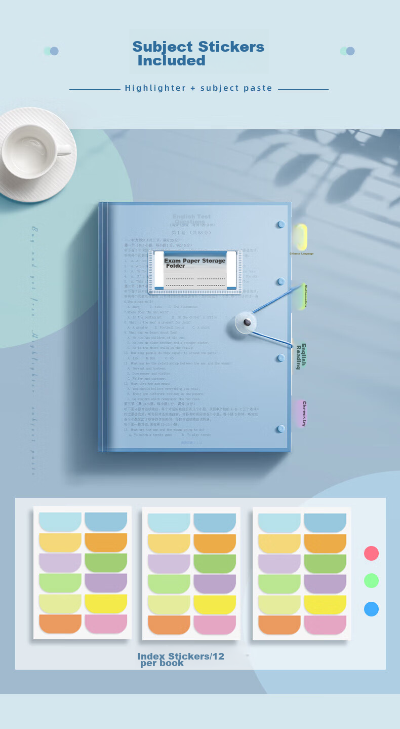 Jinzhi A3 Exam Paper Folder with 60 Pages, Large Capacity to Hold 120 Sheets of Student Exams, PP Material, Includes Subject Stickers, Taro Pink Color, for Exam Season Paper Organizatio 2