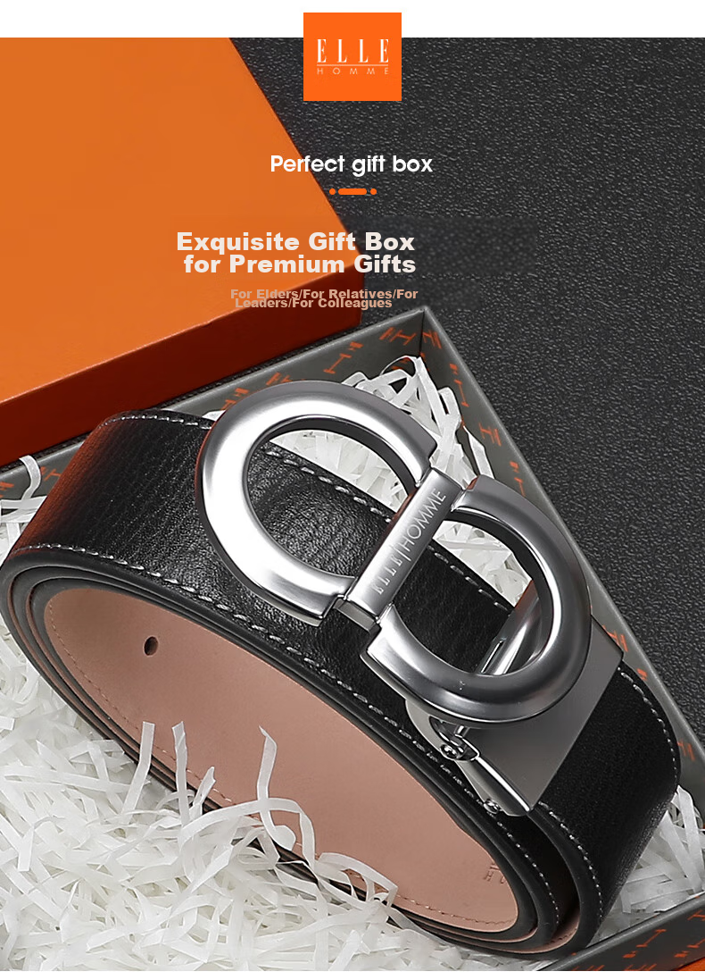 ELLE HOMME Business Men's Leather Belt, Top-Grain Cowhide Buckle Waistband, Hollow Buckle Trouser Belt, Birthday Gift for Boyfriend 1