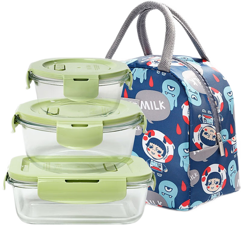 Chuangde Heat-Resistant Glass Food Storage Containers Microwave Lunch Boxes for Office Workers Nordic Green 400+650+700ml with Bag