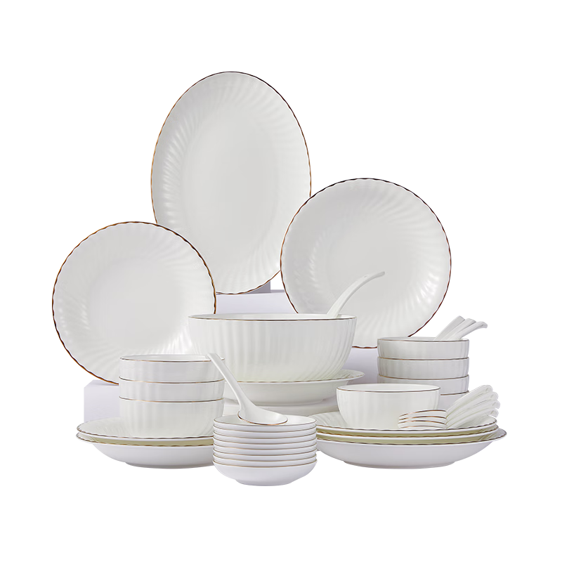JD Original Bowl And Plate Tableware Set, Bone China Ceramic Gift Box for Housewarming, White Moonlight 35-Piece Set
