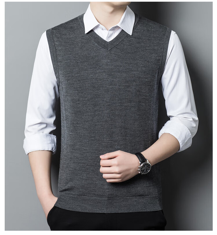 Hengyuanxiang Machine Washable Pure Wool Men's V-Neck Vest Fine Spun Wool Knit Sleeveless Sweater Medium Gray 175 2