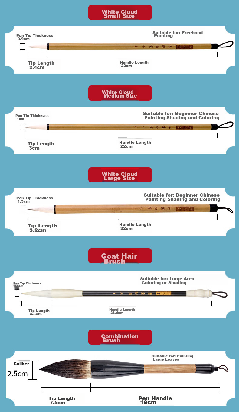 Liupintang Chinese Painting Brush Set, Mixed Hair And Goat Hair Outline Brush White Cloud Brush, Student Chinese Painting Fine Brush Calligraphy Pigment Painting Brush 6