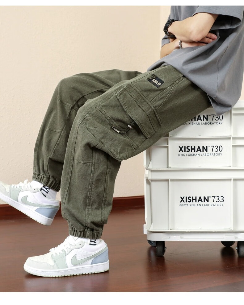 Homlean Army Green American-Style Loose Casual Cargo Pants, Summer Trendy Brand, Elastic Ankle, Pure Cotton, Plus Size Long Trousers, K501 Army Green 2XL 11