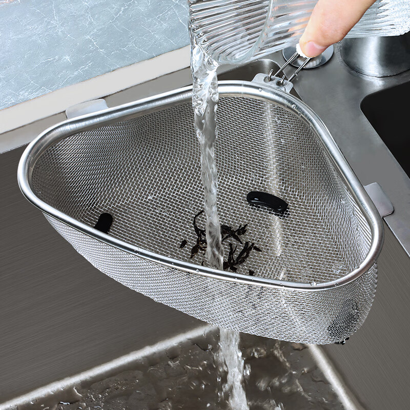 BJ Triangle Sink Strainer, Stainless Steel Kitchen Utensil, Multifunctional Drain, Food Waste Collector, Storage Rack